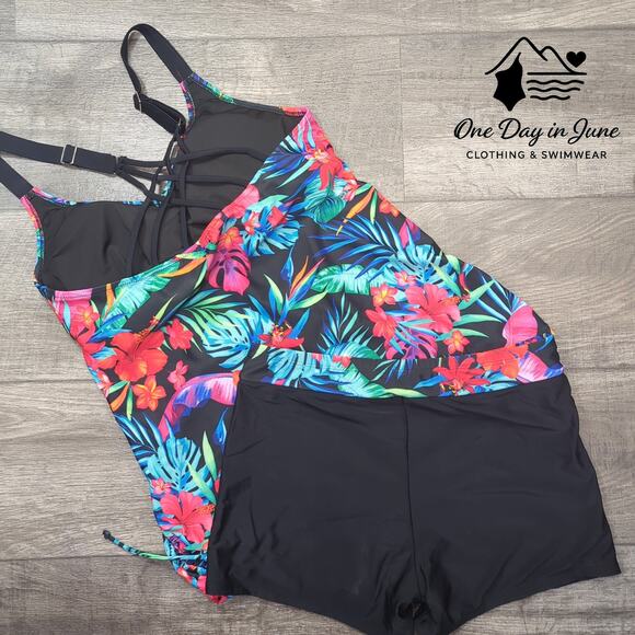 Tempt Me Cage Back Ruched Side Boy Short Tankini Swimsuit Size L - Picture 5 of 5